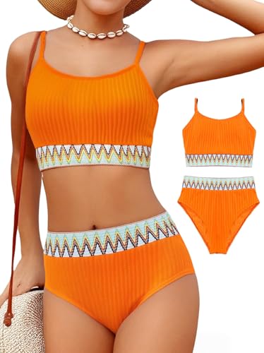 Image of Girls Swimsuit Two Piece Teen Bathing Suit High Waist Textured Bikini Set Woven Girls Swimwear 9-16Y