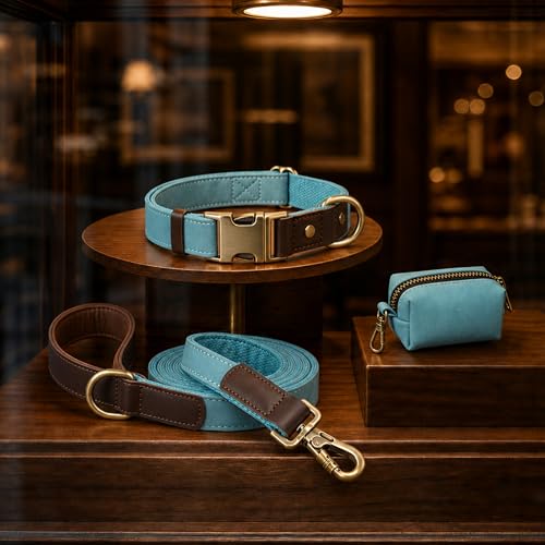 Image of Didog PU Leather Dog Collar for Large Dogs, Soft Nylon Lining,Denim Blue XL
