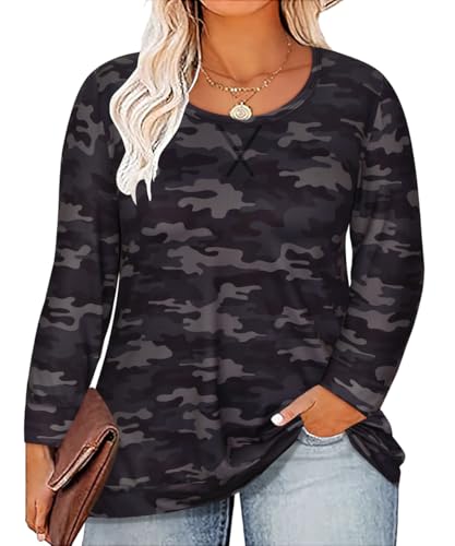 Image of CARCOS Plus Size Tops for Women Color Block Flower /Striped /Camo Crew Neck Long Sleeve Tee Shirt