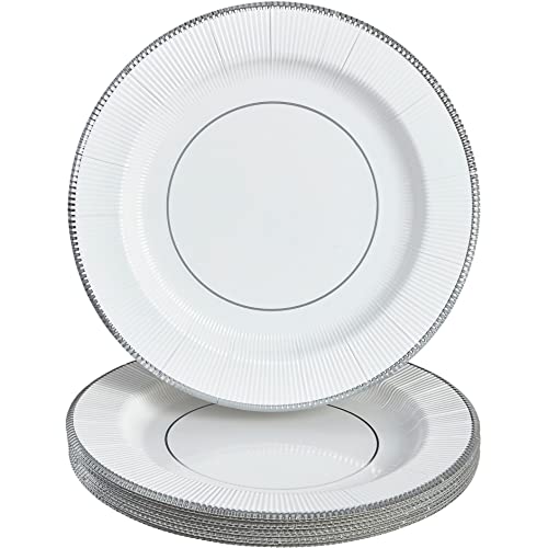 DISPOSABLE ROUND RIPPLED RIM CHARGER PLATES - 10 PC - White/Silver