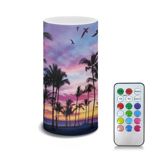 Image of Poceacles Flameless Light Candles Battery Operated Candles with Color Changing Timer Remote Control Tealights for Home Beach Dinner Party Banquet Decor, Beach Palm Tree Sunset Pattern Violet Blue