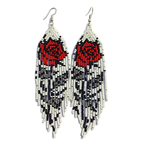 Weavish Long Beaded Dangle Earrings – Boho Native Handmade Seed Bead Tassel Earrings, Bohemian Large Statement Beaded Drop Fringe Earrings for Women
