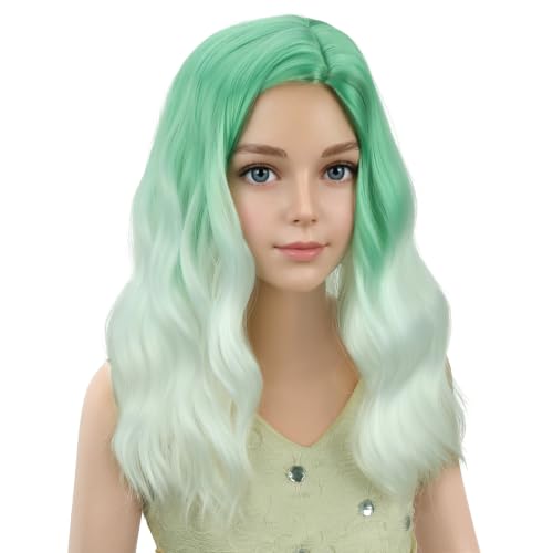 Image of PATTNIUM Girls Mint Green Ombre White Short Curly Wavy Wigs Side Part Shoulder Length Heat Resistant Synthetic Wig Halloween Cosplay Costume Party Wigs