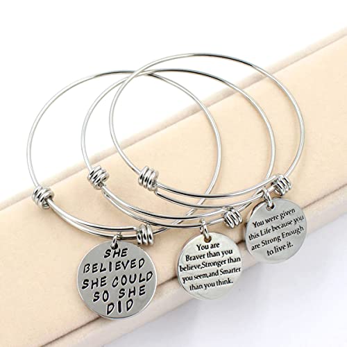 3 Pack Women Engraved Message Inspirational Words Round Charm Bracelets Set Expandable Silver Plated Stainless Steel Motivational Bangle Bracelet 3 Pic Set #TOP4