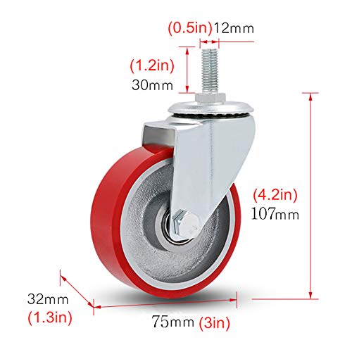 Miniatura 3 de Ruedas Giratorias, Ruedas Para Muebles Industriale Pack Of 4 Swivel Caster Wheels With Iron Core Pu Replacement Wheel Diameter 75mm-100mm Brake Universal,75mm 3in