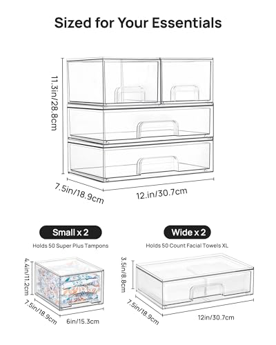 Image of Vtopmart Stackable Storage Drawers Set of 4, Clear Plastic Organizer Bins for Bathroom Supplies,Ideal for Cabinet,Pantry,Laundry Room Organization