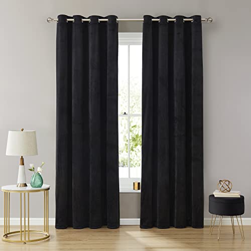 HLC.ME Sawyer Premium Luxuriöse üppige Samt Weiche Lichtfilterung Ösen Fenstervorhänge - Set mit 2 Paneelen (Schwarz, 54 B x 84 L) Cover