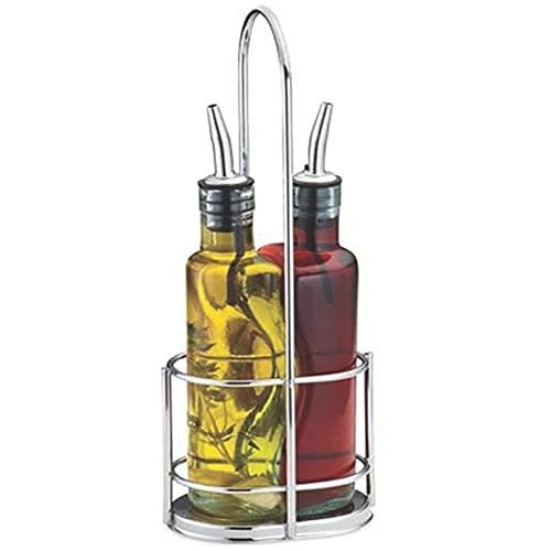 Image of TableCraft 918RSN Gemelli Bottle Set, (2) 8-1 /2 oz. embracing Green Tinted Glass Bottles (Dishwasher Safe), Stainless Steel pourers (Hand wash only), Stainless Steel Wire Rack (Hand wash only)