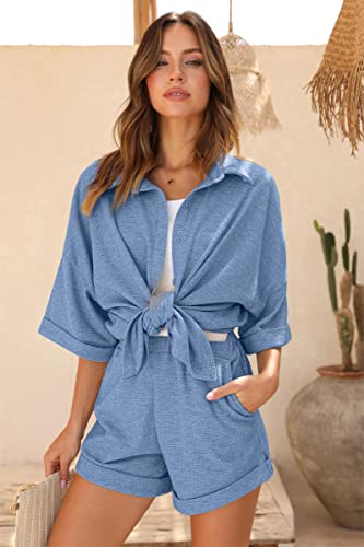 Ekouaer Waffle Knit Lounge Sets for Women Short Sleeve Pajamas Button Down Pjs Oversized Loungewear Shorts Set4