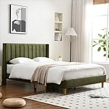 YUHUASHI upholstered Platform Bed Frame/Queen Bed Frame/Modern Geometric Double-Wing Design headboard/Velvet Fabric/Easy to Assemble no Noise (Grass Green, Queen (U.S. Standard))