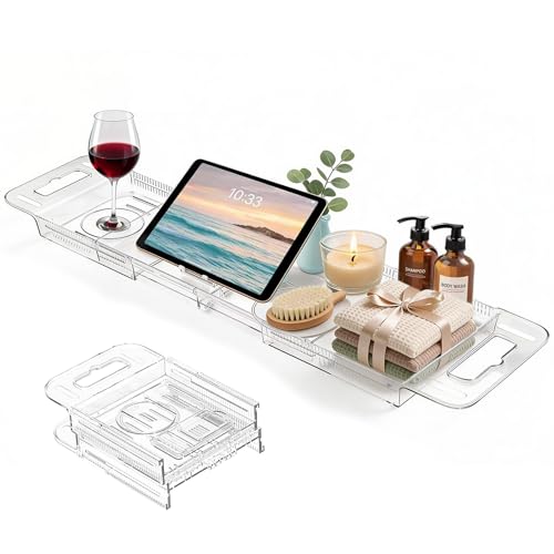 Expandable Bathtub Tray Caddy, Clear Bath Tray for Tub for Bath Relaxing, Foldable Bath Table Trays, Bathtub & Bathroom Accessories for Women Gift, Anniversary or Wedding Gifts, New Home