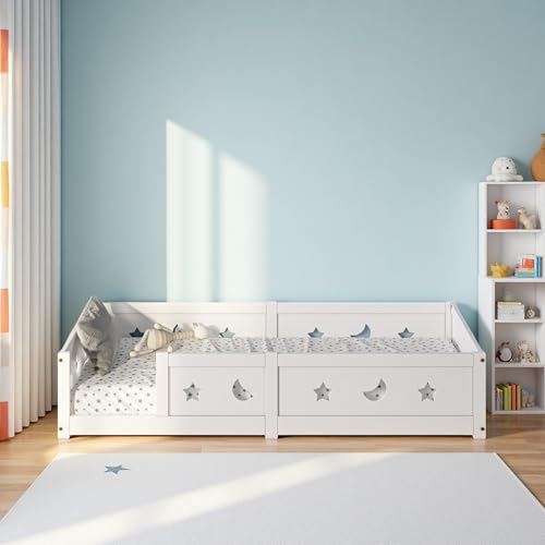 UTTQEW Cama infantil Montessori de 90 x 200 cm, cama de madera maciza con protección anticaída y somier, cama individual con diseño de estrella y luna, fácil montaje, color blanco