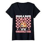 donna grab a sack it's cornhole time cornhole player bag girl maglietta con collo a v
