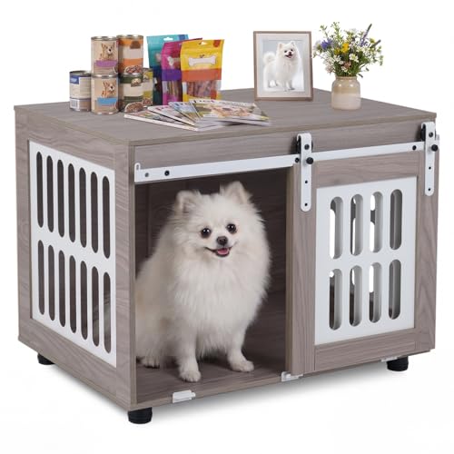 COSTWAY Hundekäfig Möbel, Hundebox mit abschließbarer Schiebetür & 2 seitlichen Fenstern, Hundehütte für Zuhause, Hundehaus & Beistelltisch für kleine und mittelgroße Hunde, 80 x 56 x 62,5 cm, Grau