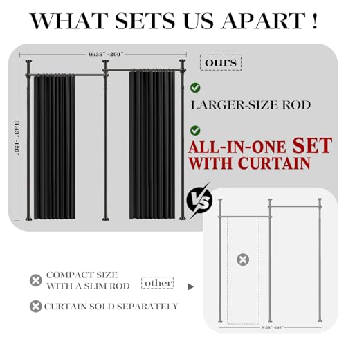Image of Room Divider Curtain Set-No Drilling Curtain Rod Set, Room Divider Wall for Partition Room Dividers, Bedroom Divider Black-100 W x 84 inch L(Pack of 2)