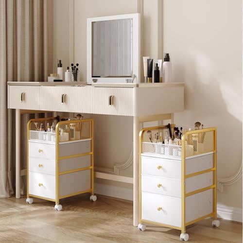 Image of Rolling Makeup Organizer Cart with 3 Drawers, Under Desk Vanity Makeup Storage Cart, Bathroom Storage Cart Cosmetic Display Cases Cabinet for Nail Polish, Brushes & Hair Tools, Gold