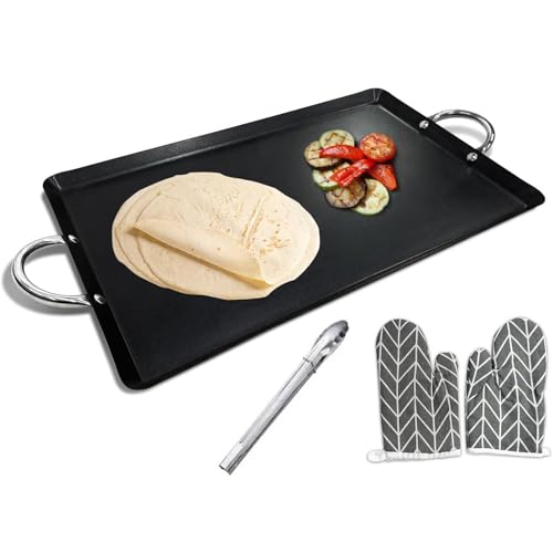 LetFeng 26” Double Burner Griddle Nonstick Double Burner Stainless Steels Stove Top Flat Griddle Coated Cool Touch Handle Oven Safe & Compatible With All Stovetops Black And Silver