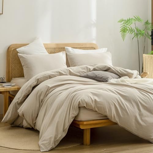 Image of BESTOUCH Cotton Solid Duvet Cover Set Almond Milk Grey Alaska King | 100% Washed Cotton, Soft Wrinkle Texture, Hidden Zipper, 8 Ties, Breathable Lightweight Durable Comfy, 3 Pcs No Insert