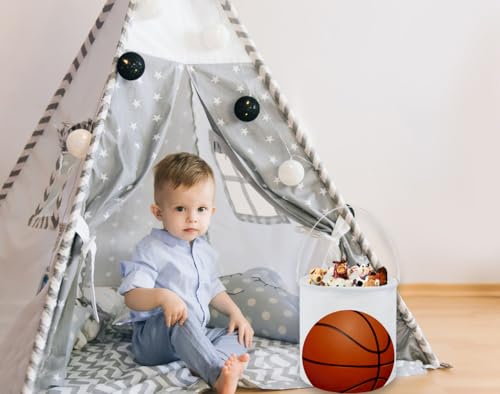 Image of Basketball Basket Kids Storage Basket Baby Gift Basket Rectangular Cute Toy Storage Bin Box Organizer Book Shelf Basket Dinosaur Room Decor(Basketball)