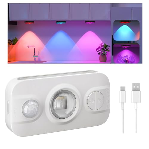 Afaiup Under Cabinet Lights,Mini Rechargeable Motion Sensor Night Light Indoor -7 RGB Spot Light Display Cabinet Lights,Dimmable Stairs Lighting with Magnetic Mount, for Bedroom Wardrobe Closet,1PCS