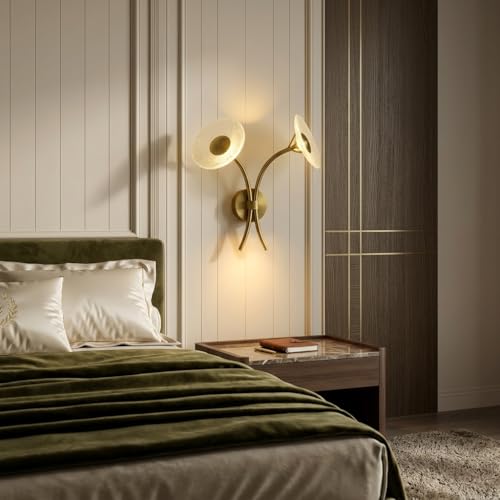 Image of Wall Light 3-Color CCT (Warm + Natural + Cold White) LED Double Arm Gold Metal Glass Disc Wall Lamp for Living Room Bedroom
