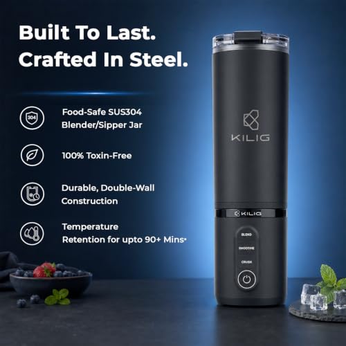 Image of KILIG Vortex Blitz Stainless Steel Portable Blender 470ml, USB-C, Black | SUS304 Steel Insulated Jar, 6 Blades; 3 modes (Blend, Smoothie, Crush); twist-and-sip; 1-yr warranty