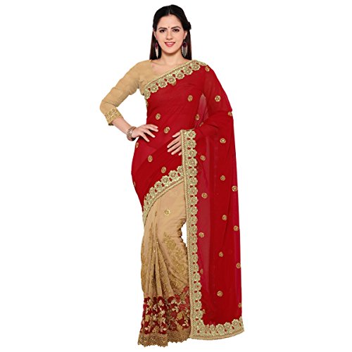 Triveni Women's Indian Beige Faux Georgette Embroidered Saree
