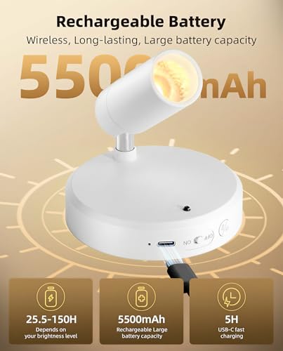 Image of EZVALO Battery-Powered LED Spotlight Indoor, Wireless Picture Lights with Remote, 5500mAh Rechargeable Mini Display Light, Uplighting Indoor for Artwork, Tree, Painting, Portrait (1-Pack White)