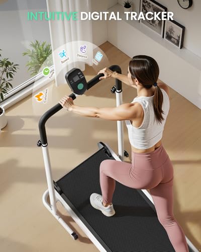 Image of AKLUER Non-Electric Treadmill with Dual Flywheel - Fixed Incline, Soft Foam Grips, Non-Slip Belt, LCD Monitor, Compact Foldable for Home /Gym Use