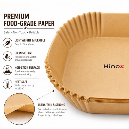 Image of HINOX Air Fryer Paper Liners Square Disposable, Non Stick Oil Proof Parchment Sheets, Heat Resistant Food Grade Baking Paper for Cooking & Frying (100 Sheets)