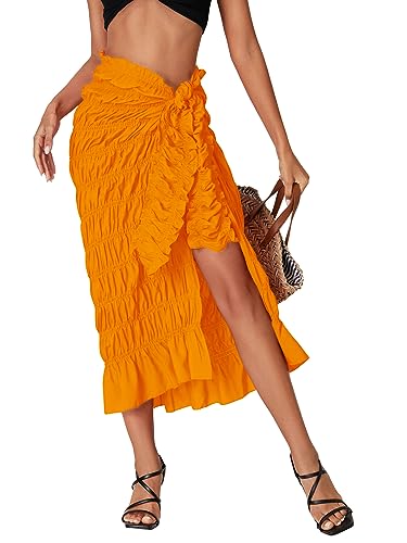 Umenlele Women's Smocked Ruched Tie Knot Ruffle Beach Sarongs Swimsuit Cover Up Split Maxi Skirt - Image 6