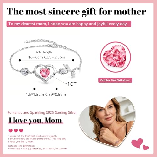Image of 1CT Rose Heart Bracelet Moissanite Lab-Grown Sapphire Ruby Emerald&More 18K White Rose Gold Plated Anniversary Birthday Gift for Wife Girlfriend Mom Daughter Mothers Day Gift for Mom
