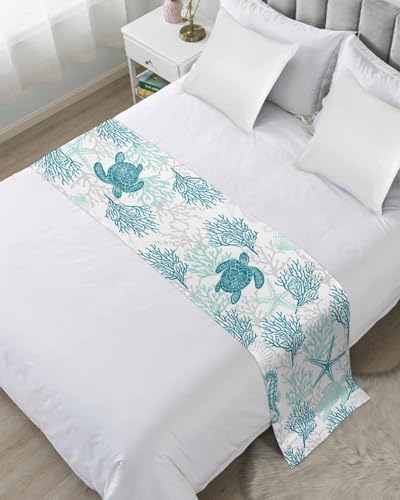 Turquoise Coastal Bed Runner for Full/Queen Size Bed, Bedspread Protector Slipcover Bed Scarf for Foot Bed Runners & Scarves for Bedroom Hotel Wedding Room 83x20 Sea Turtle Nautical Coral Summer Beach