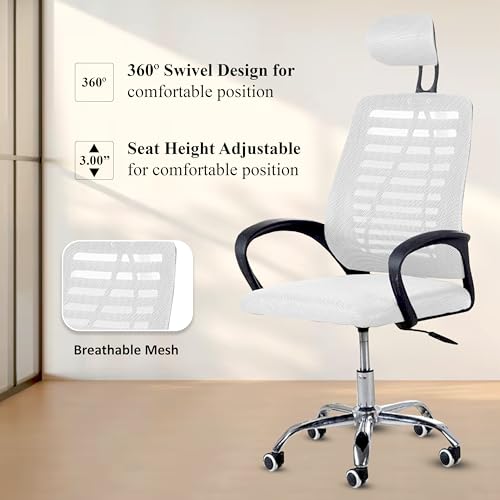 Image of Casa Copenhagen,Mesh Office Desk,Rocking Ergonomic Computer Chair Adjustable High with Headrest and Comfortable Armrest Swivel Chair - Snow White & Black Handle