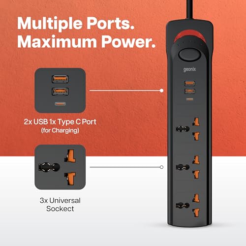 Image of Geonix PowerSpan U3 | Extension Board /Strip, 1500 Watts, 6 Amps, 1x Type C Port, 3X Universal Socket, 2X USB Port, LED Indicator, On /Off Switch, Wall Mountable, 3mtr Long Pure Copper Cable (Black)