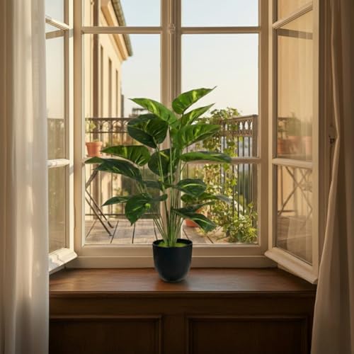 Image of Dekorly Artificial Palm Tree - Large Fake Tropical Floor Plant, Realistic Plastic Greenery for Indoor Home, Office, Living Room & Corner Decor (Dieffenbachia with Green&Yellow Leaves)