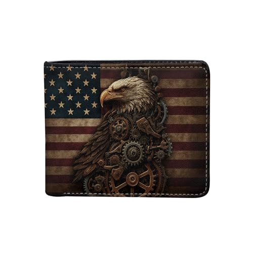 Steampunk Mechanical Clockwork Eagle Leather Men Bi-fold Wallet, Slim Card Holder, Gifts Wallet for Men, A