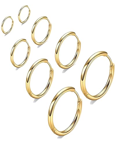 316L Surgical Stainless Steel Small Gold Hoop Earrings 6mm 8mm 10mm 12mm Hypoallergenic Cartilage Hoop Earrings Helix Lobes Hinged Sleeper Earrings For Men Women