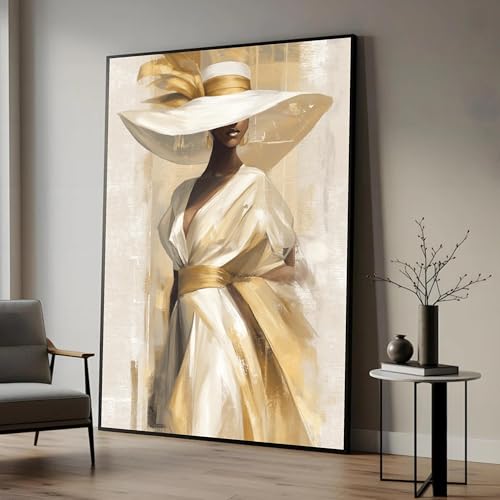 Affiche imprimée portrait de mode femme chapeau blanc toile peinture huile 50x75