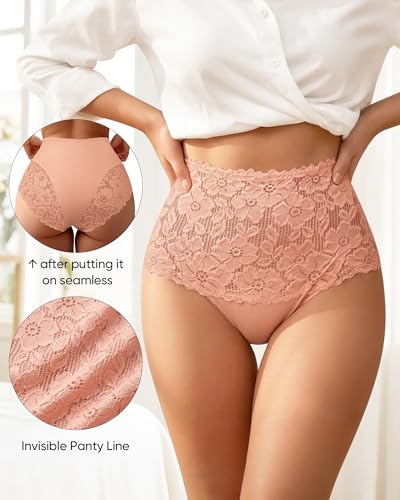 Image of Women's High Waisted Underwear Ladies Lace Sexy Panties Breathable Soft Stretch 4 Pack Full Coverage