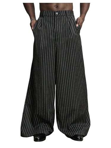OYOANGLE Men's Striped Wide Leg Pleated Pants Zipper Fly Baggy Dress Trousers Streetwear