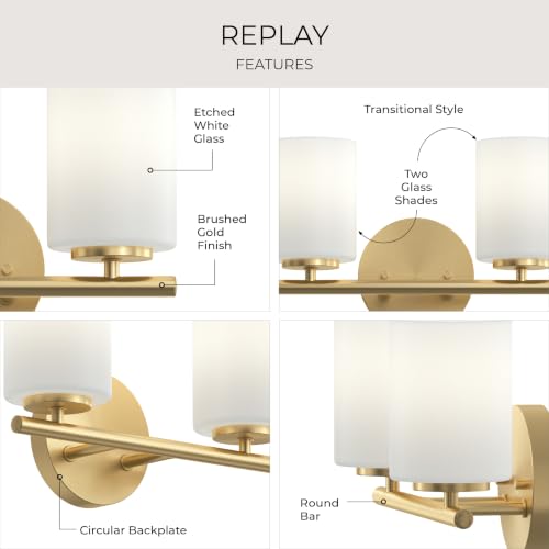 Image of Progress Lighting Replay 13 Inch 2-Light Vanity Light, Transitional, Brushed Gold with Etched Glass Shades, (7.875 inch H x 13 inch W x 6 inch D), P2158-191