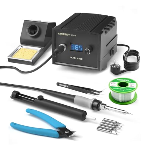 HANDSKIT Estação de soldagem de 65 W, 2 em 1 soldador, estanho profissional, soldador de estanho com 5 pontas de soldagem, fio de soldadura e esponja de limpeza, faixa de temperatura 200-480 °C
