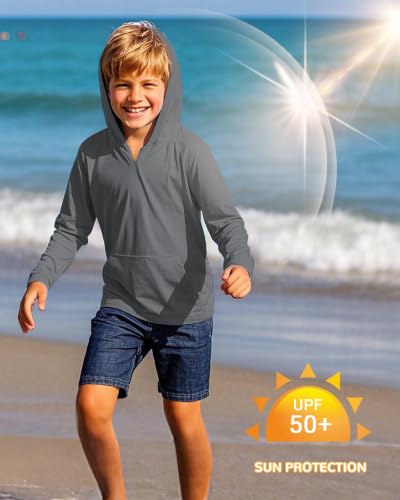 Image of Boys Rash Guard Long Sleeve Hoodie Swim Shirt with Pocket Youth Kids UPF 50+ Sun Protection Fishing Shirts Thumb Hole
