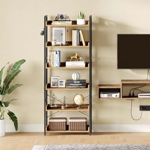 Rolanstar Bookshelf 6 Tier with 4 Hooks, Industrial Wood Bookcase, Vintage Storage Rack with Open Shelves, Rustic Standing Bookshelves Metal Frame Display Rack for Living Room, Bedroom, Rustic Brown