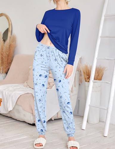 Image of Ekouaer 2 Pack Pajama Sets for Women,Long Sleeve Top Jogger Pant Loungewear | Winter Pyjama,Round Neck Sleepwear,Side Pocket Warm Pjs,4 Pieces Cozy Lounge Set,Elastic Waistband,Ankle Cuffs,Christmas Gift