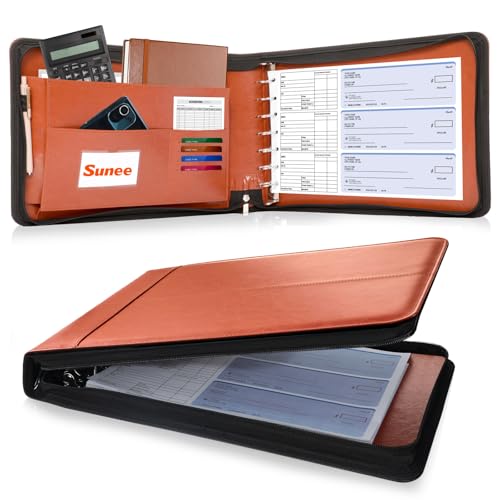 Image of SUNEE Zippered Business Checkbook Binder 7 Ring 1 Inch with Zipper for Business Checks (9 inch x 13 inch), PU Leather Check Binder Holds 600 Checks Capacity for Executive Supplies, Brown