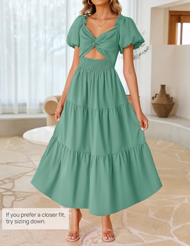 Image of ZESICA Womens Summer Casual Flowy Vacation Maxi Dress 2026 Short Puff Sleeve A Line Smocked Cutout Beach Party Dresses