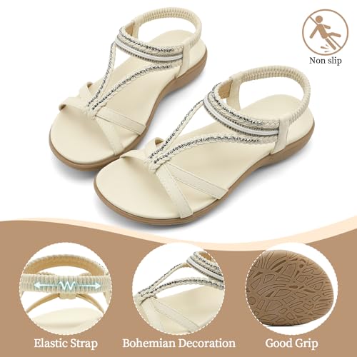 Image of UBFEN Womens Bohemian Flat Sandals With Back Strap Summer Beach Comfortable Bling