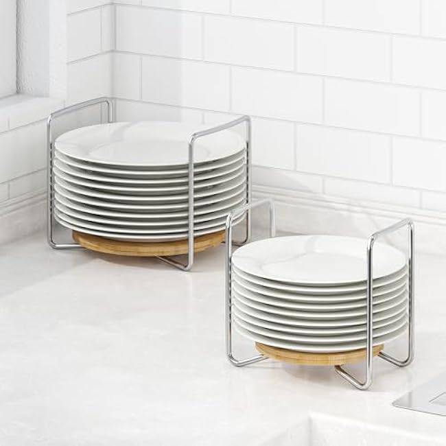 Plate Organizer for Kitchen Counter Bamboo Dish Racks for Cabinet Plate Holder for Kitchen Drawer Storage 2 Pack Adjustable for 6.75 to 12.5 Stainless Steel 304 Portable
